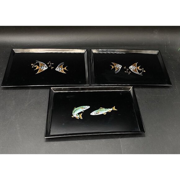 Otagiri Black Lacquer Gold Rainbow Trout & Angel Fish Serving Tray Set Of 3